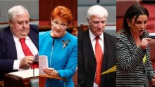 A composite image of Clive Palmer, Pauline Hanson, Bob Katter, and Jacqui Lambie.