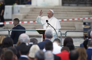 Pope Francis recites the Regina Coeli prayer in Saint Alexander Nevsky Square in Sofia, Bulgaria, Sunday, May 5, 2019.