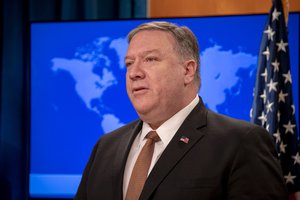 U.S. Secretary of State Mike Pompeo delivers remarks to the media in the press briefing room at the U.S. Department of State in Washington, D.C., on April 8, 2019.