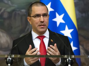 In this photo taken on Sunday, May 5, 2019, Venezuelan Foreign Minister Jorge Arreaza gestures while speaking to the media during his and Russian Foreign Minister Sergey Lavrov joint news conference after their talks in Moscow, Russia.