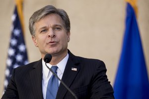 FILE - In this Sept. 28, 2017, file photo, FBI Director Chris Wray speaks at his installation ceremony at the FBI Building in Washington.