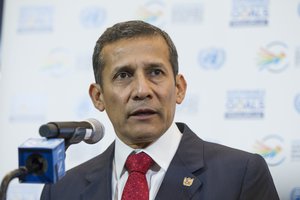 Ollanta Humala Tasso, Former President of Peru, speaks to journalists on the sidelines of the United Nations summit for the adoption of the post-2015 development agenda!, 26 September 2015.