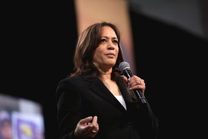 U.S. Senator Kamala Harris speaking with attendees at the 2019 National Forum on Wages and Working People hosted by the Center for the American Progress Action Fund and the SEIU at the Enclave in Las Vegas, Nevada, 27 April 2019.