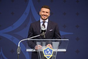 David Beckham attends an LA Galaxy David Beckham statue MLS soccer ceremony at Legends Plaza in front of Dignity Health Sports Park in Carson, Calif., Saturday, March 2, 2019.