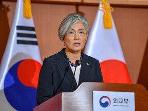 Republic of Korea Foreign Minister Kang Kyung-wha participates in a joint press availability after a trilateral meeting with U.S. Secretary of State Mike Pompeo and Japanese Foreign Minister Taro Kono, in Seoul, Republic of Korea, June 14, 2018