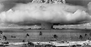 The "Baker" explosion, part of Operation Crossroads, a nuclear weapon test by the United States military at Bikini Atoll, Micronesia, on 25 July 1946.