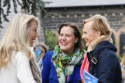 Kelly Odwyer  (blue jacket) campaigning with Liberal candidate Katie Allen at St George’s Church in Malvern, this is a pre-polling location.  11th May 2019 The Age News Picture by JOE ARMAO