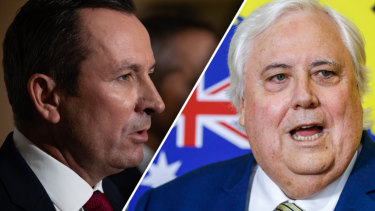 WA Premier Mark McGowan, QLD businessman and politician Clive Palmer. Pictures: AAP