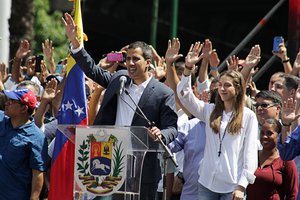 Juan Guaido,Acting President of Venezuela,speaks during March of protest against Maduro on February 2, 2019 in Caracas,Brazil,2 February 2019