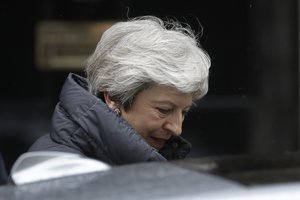 British Prime Minister Theresa May leaves 10 Downing Street in London, to attend Prime Minister's Questions at the Houses of Parliament, Wednesday, May 8, 2019.