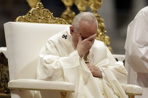 Pope Francis pauses during a ceremony where he ordained nineteen new priests in St. Peter's Basilica, at the Vatican, Sunday, May 12, 2019.