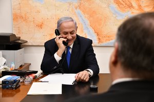 U.S. Secretary of State Michael R. Pompeo and U.S. Ambassador to Israel David Friedman join Israeli Prime Minister Benjamin Netanyahu on a phone call to President Donald J. Trump in Jerusalem, Israel on March 21, 2019.