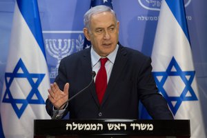 Israeli Prime Minister Benjamin Netanyahu gestures as he speaks during joint statements with U.S. Secretary of State Mike Pompeo at the Prime Minister's office in Jerusalem, Wednesday, March 20, 2019.