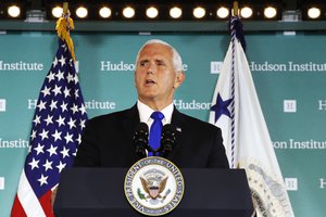 Vice President Mike Pence speaks Thursday, Oct. 4, 2018, at the Hudson Institute in Washington