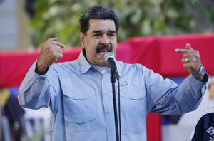 Venezuela's President Nicolas Maduro speaks during an event at Bolivar Square in Caracas, Venezuela, Thursday, Feb. 7, 2019.