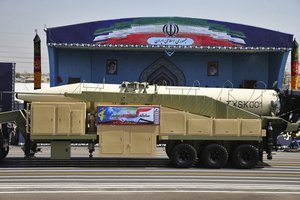 Iran's Khoramshahr missile is displayed by the Revolutionary Guard during a military parade marking the 37th anniversary of Iraq's 1980 invasion of Iran, in front of the shrine of late revolutionary founder Ayatollah Khomeini, just outside Tehran, Iran, Friday, Sept. 22, 2017