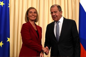 Handshake between Sergei Lavrov, Russian Foreign Minister, on the right, and Federica Mogherini, High Representative of the Union for Foreign Affairs and Security Policy and Vice-President of the EC during her visits to Moscow where she attends ministerial meetings