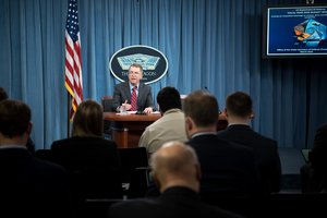 Mr. David L. Norquist, performing the duties of the U.S. deputy secretary of defense, speaks about the fiscal year 2020 defense budget during a press briefing at the Pentagon in Washington, D.C., March 12, 2019