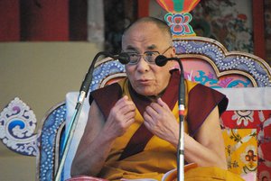 Tibetan spiritual leader His Holiness the 14th Dalai Lama giving a teaching on 37 Bodhisattva practices in Manali Himachal State of India on 22 August 2010.