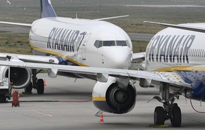 Ryanair aircraft park at the airport in Weeze, Germany, Wednesday, Sept. 12, 2018