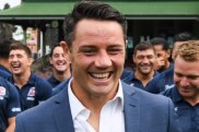 Team man: Cooper Cronk with his Roosters teamates after announcing he will retire at the end of the season.