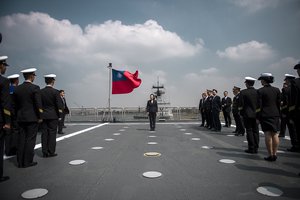 President Tsai Ing-wen boards Panshi Fast Combat Support Ship during a visit at Zuoying Naval base in Kaohsiung, Taiwan