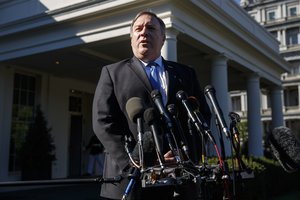 Secretary of State Mike Pompeo speaks with reporters about the murder of journalist Jamal Khashoggi, after meeting with President Donald Trump in the Oval Office of the White House, Thursday, Oct. 18, 2018, in Washington. (AP Photo/Evan Vucci)