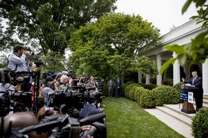 President Donald Trump speaks in the Rose Garden at the White House in Washington, Wednesday, May 22, 2019.