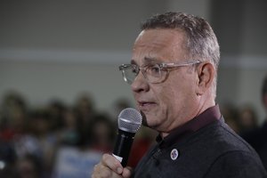 Tom Hanks talks with the crowd as he appears on NBC's "Today" show at the Indianapolis Motor Speedway, Thursday, May 23, 2019, in Indianapolis.