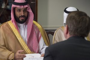 Saudi Arabia's Deputy Crown Prince and Minister of Defense Mohammed bin Salman speaks with Secretary of Defense Ash Carter at the Pentagon June 16, 2016. The two leaders met to discuss matters of mutual importance.