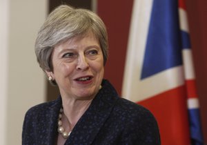 British Prime Minister Theresa May talks for the media during a news conference with her Macedonian counterpart Zoran Zaev, not pictured, following their meeting at the government building in Skopje, Macedonia, Thursday, May 17, 2018.