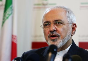 FILE - A Wednesday, Aug. 12, 2015 photo from files showing Iranian Foreign Minister Mohammad Javad Zarif, during a press conference at the Lebanese foreign ministry in Beirut, Lebanon.