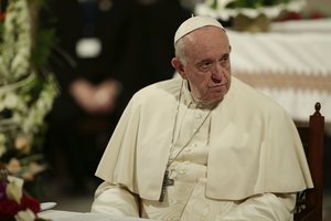 Pope Francis sits during a meeting with Catholic priests and other Christian representatives in the cathedral of the capital, Rabat, Morocco, Sunday, March 31, 2019