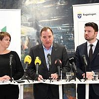 Katrin Stjernfeldt Jammeh, left, of the Social Democrats, Swedish Prime Minister and Social Democratic Party leader Stefan Loefven, center, and Roko Kursar of The Liberals give a joint press conference on May 24, 2019 in Malmo, Sweden, announcing the country will hold an international conference against anti-Semitism in 2020. (Johan Nilsson/TT News Agency/AFP)