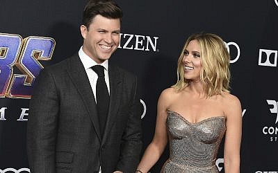 In this April 22, 2019, file photo, Colin Jost, left, and Scarlett Johansson arrive at the premiere of "Avengers: Endgame" at the Los Angeles Convention Center. Wedding bells are in the future for actress Scarlett Johansson and Saturday Night Live's Colin Jost. Johansson's publicist Marcel Pariseau tells The Associated Press Sunday, May 19, 2019, that the private couple is officially engaged after two years of dating. Pariseau says no date has been set for the nuptials. (Photo by Jordan Strauss/Invision/AP, File)