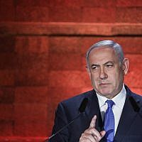 Prime Minister Benjamin Netanyahu speaks during a ceremony held at the Yad Vashem Holocaust Memorial Museum in Jerusalem, as Israel marks annual Holocaust Remembrance Day, May 1, 2019 (Noam Rivkin Fenton/Flash90)