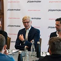 PlayerMaker's CEO Guy Aharon, left. former Arsenal manager Arsène Wenger, center, and Yuval Odem the COO of PlayerMaker. (Woody Rankin)