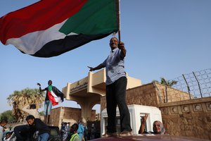 Protesters rally outside the Egyptian embassy in the capital Khartoum, Sudan on Saturday, April 27, 2019, against Egypt's intervention in their political process.