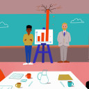 performance goals hero image of two people presenting charts during a meeting