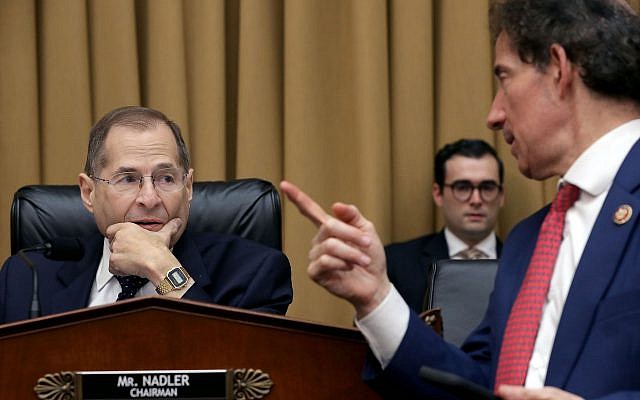 Rep. Jerry Nadler, seated, chairman of the House Judiciary Committee, and Rep. Jamie Raskin at a hearing on Capitol Hill, May 8, 2019. (Chip Somodevilla/Getty Images via JTA)