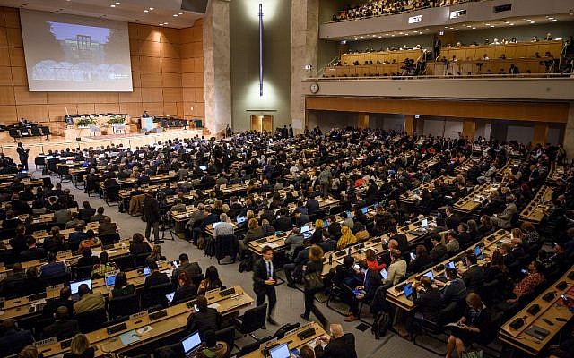 L'Assemblée générale de l'Organisation mondiale de la Santé, dans les bureaux des Nations unies à Genève, le 20 mai 2019. (Crédit : Fabrice COFFRINI / AFP)