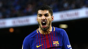 Luis Suarez reacts during the Spanish La Liga soccer match between FC Barcelona and  Getafe