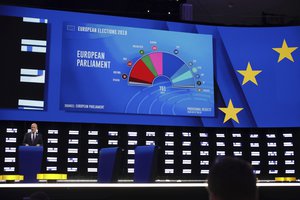 A projection of the composition of the next European Parliament on a large screen in the press room at the European Parliament in Brussels, Monday, May 27, 2019.