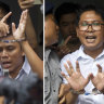 Reuters journalists Kyaw Soe Oo, left, and Wa Lone are handcuffed as they are escorted by police out of a court in Yangon, Myanmar, last year.