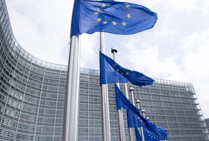 European Union flags fly at half-mast after the death of Helmut Kohl, former German Federal Chancellor