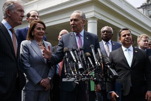 Senate Minority Leader Sen. Chuck Schumer of N.Y., talks with reporters after meeting with President Donald Trump about infrastructure, at the White House, Tuesday, April 30, 2019, in Washington.