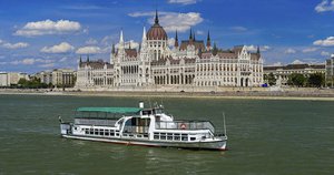 An undated file photo of the boat Hableany in River Danube with the Parliament building in th ebackground in Budapest. The boat crashed with another ship, overturned and sank in River Danube late Wednesday, May 29, 2019, killing three of the 34 people onboard, mostly tourists from Eastern Asia.