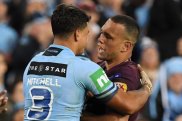 One last rivalry?: Latrell Mitchell and Will Chambers during last year's State of Origin series at ANZ Stadium.