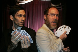 Now you see it: Dave Lovering, right, a former drummer for The Pixies who is now a magician, with Rob Zabrecky.