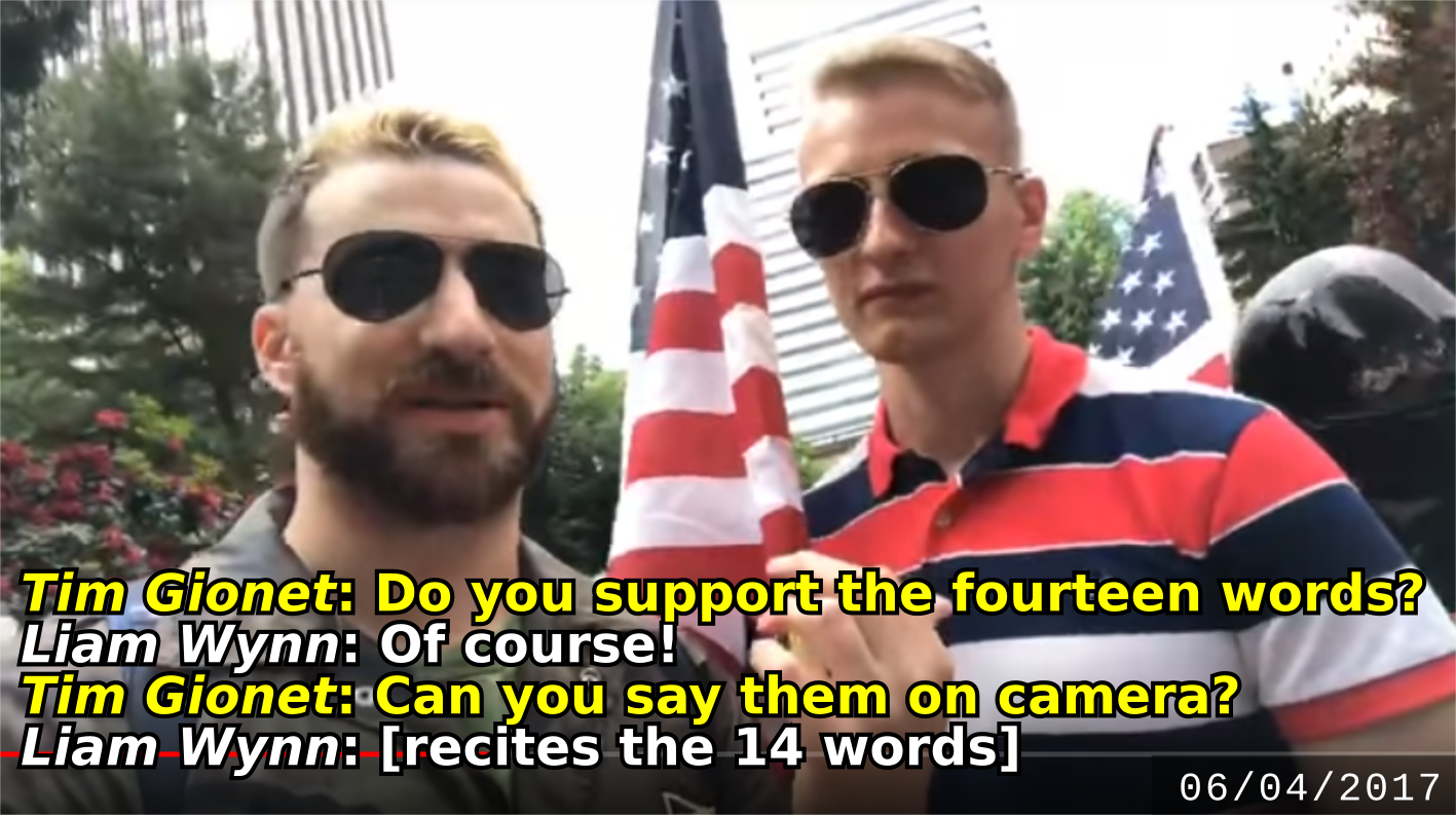 Liam Wynn recites a neo-Nazi slogan at a June 4 Patriot Prayer rally